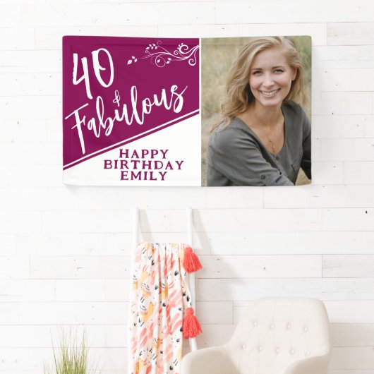 40 en Fabulous Script Photo Magenta 40th Birthday Spandoek (Insitu)