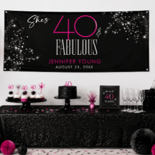 40 en Fabulous Zwarte Roze Glam Glitter Verjaardag Spandoek