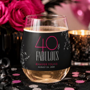 40 en Fabulous Zwarte Roze Glam Glitter Verjaardag Wijnglas Zonder Voet