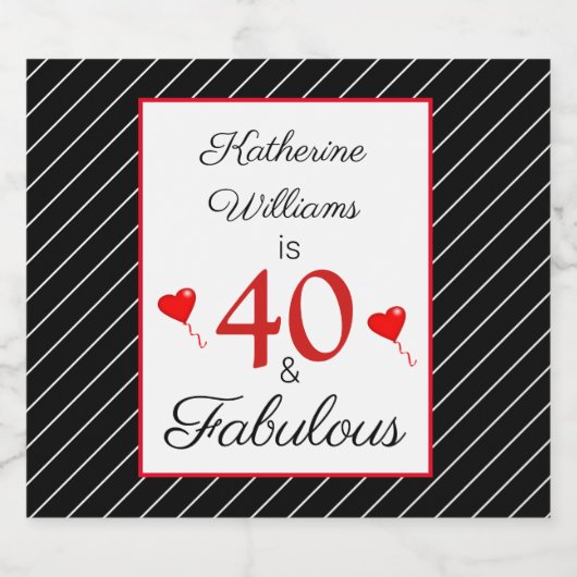 40 & Fabulous 40e Verjaardag Naam Zwart & Wit Sparkling Wijnetiket (Enkel label)