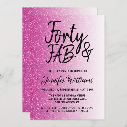40 Fabulous Hot Pink Glitter 40e Verjaardag Kaart (Voorkant / Achterkant)