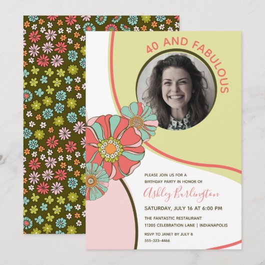 40 & Fabulous Retro Floral Photo Invitation (Devant / Derrière)