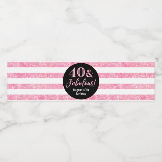 40 & Fabulous Verjaardag Roze Glitter Strepen Waterfles Etiket (Enkel label)