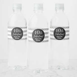 40 & Fabulous Verjaardag Zilveren Glitter Strepen Waterfles Etiket
