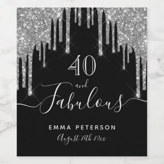 40 geweldige verjaardag zwarte glitter zilveren gl wijn etiket (Enkel label)