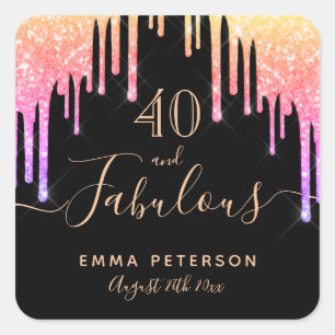 40 geweldige verjaardag zwarte regenbooglitter gla vierkante sticker