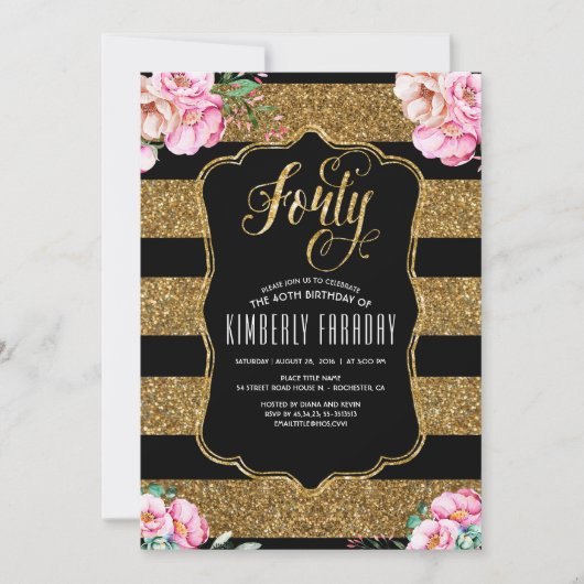 40 Invitations de fête d'anniversaire - Floral Gol (Devant)