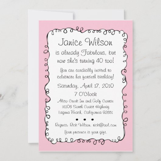 40 invitations faites sur commande fabuleuses (Dos)