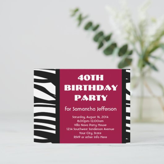 40 Invitations Zèbre Rose+Noir (Debout devant)