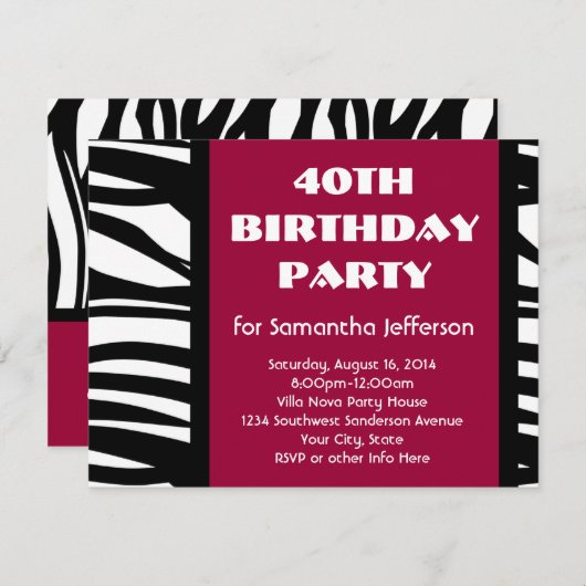 40 Invitations Zèbre Rose+Noir (Devant / Derrière)