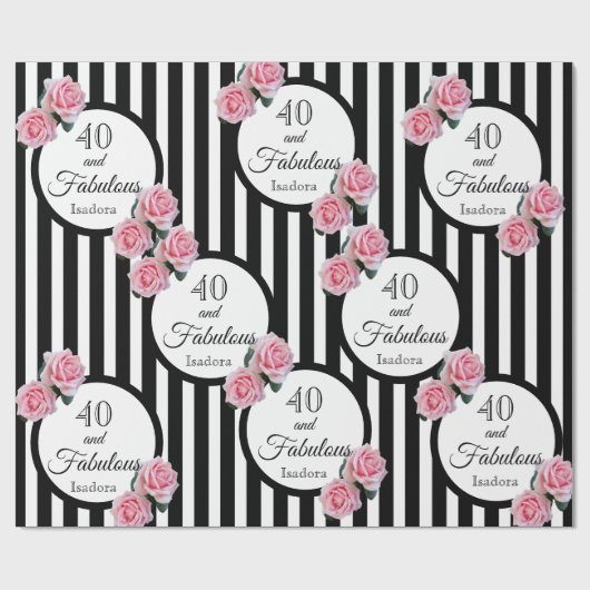 40 prachtige roze rozen zwart witte strepen cadeaupapier (Vlak)