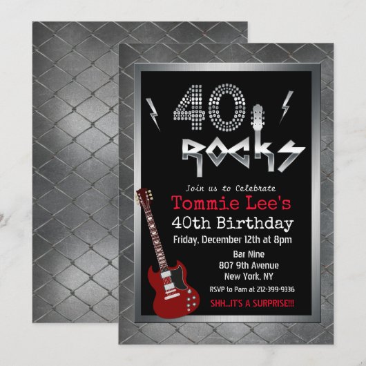 40 Rocks Rockstar Guitar 40e Invitation anniversai (Devant / Derrière)