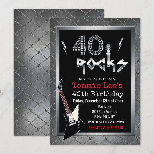 40 Rocks Rockstar Guitar 40e Invitation anniversai (Devant / Derrière)