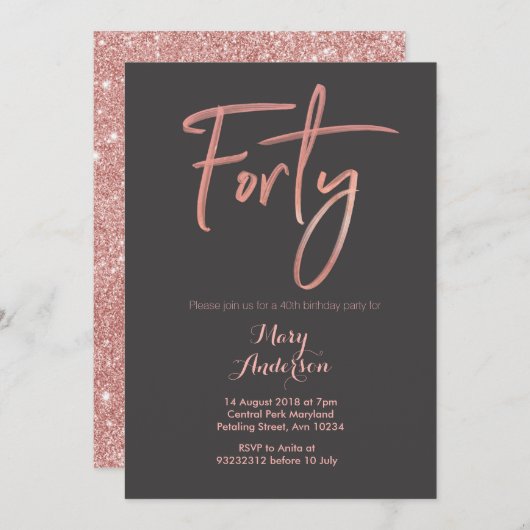 40 Rose Gold 40e anniversaire Invitation (Devant / Derrière)
