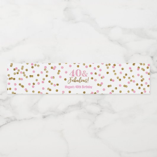40 & Uitstekende Verjaardag Roze Gouden Confetti Waterfles Etiket (Enkel label)