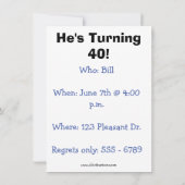 40Anniversaire Fête Invitations Lui (Dos)