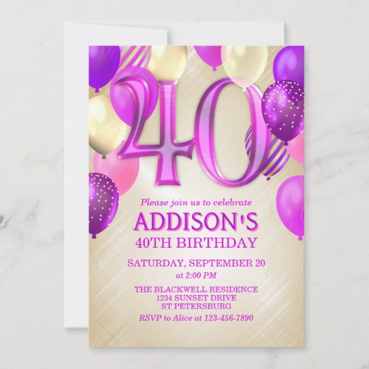 40e anniversaire Ballons roses Invitation (Devant)