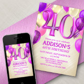 40e anniversaire Ballons roses Invitation