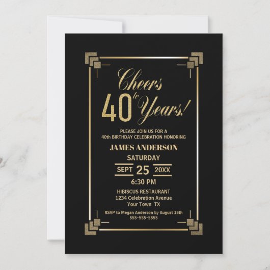 40e anniversaire Black and Gold Party Invitation (Devant)