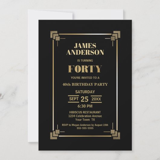 40e anniversaire Black and Gold Party Invitation (Devant)