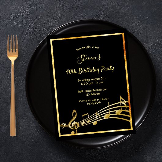 40e anniversaire Black gold music notes invitation
