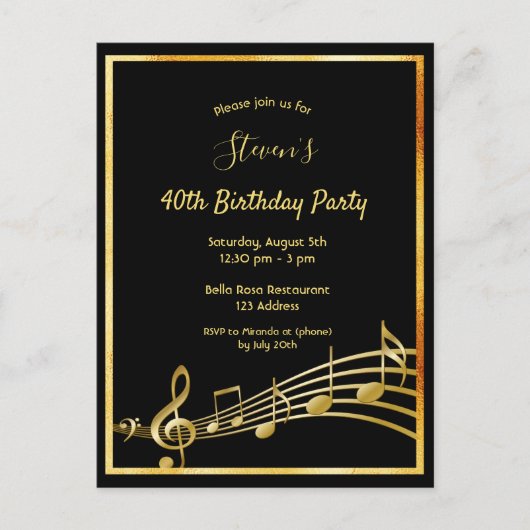 40e anniversaire Black gold music notes invitation (Devant)