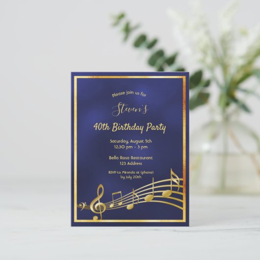 40e anniversaire bleu or musique notes invitation (Debout devant)