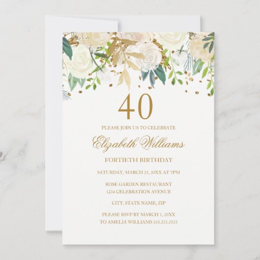 40e anniversaire Elégant or Floral Invitation (Devant)