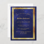 40e anniversaire fête bleu or brillant invitation (Devant / Derrière)