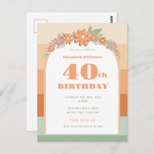 40e anniversaire fleurs rétro invitation (Devant / Derrière)