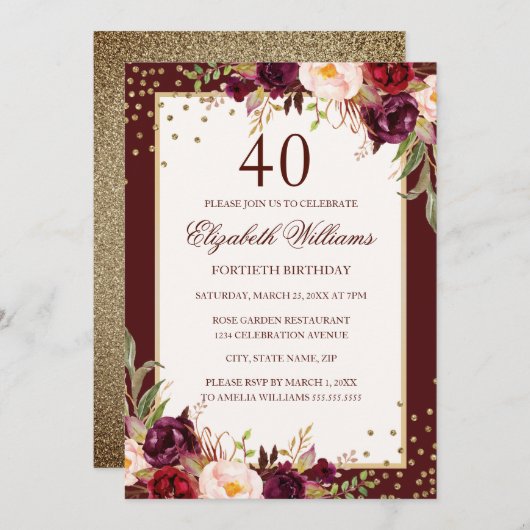 40e anniversaire Gold Bourgogne Floral Invitation (Devant / Derrière)