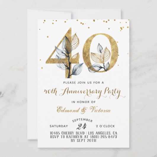 40e anniversaire Gold Floral Invitation (Devant)