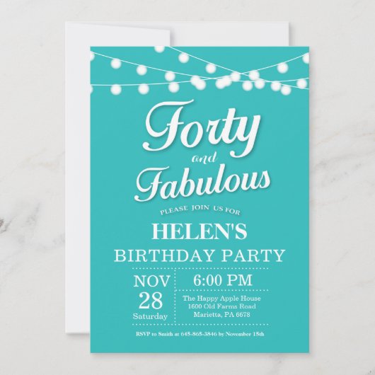 40e anniversaire Invitation Aqua Turquoise Fabulou (Devant)