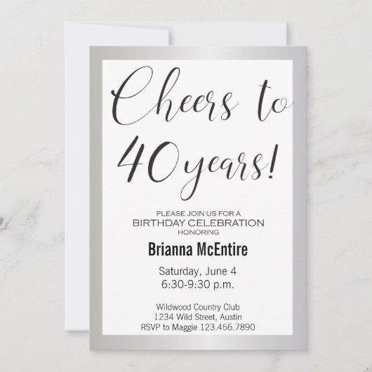 40e anniversaire Invitation Argent Noir moderne (Devant)