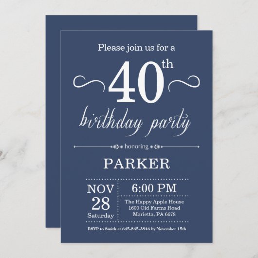 40e anniversaire Invitation Bleu (Devant / Derrière)