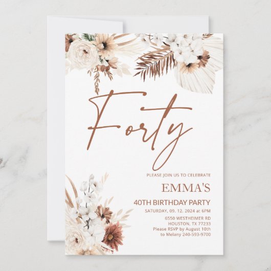 40e anniversaire Invitation Boho Pampas (Devant)