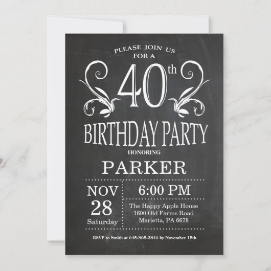 40e anniversaire Invitation Chalkboard Floral (Devant)