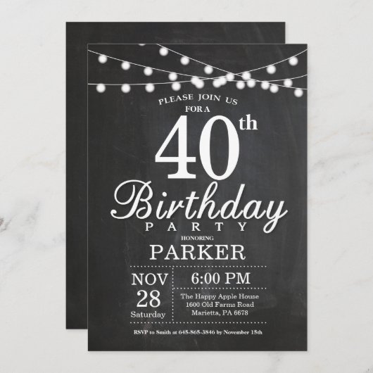 40e anniversaire Invitation Chalkboard lumières à  (Devant / Derrière)