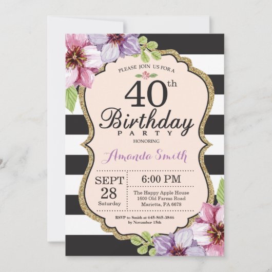 40e anniversaire Invitation Femmes. Noir d'or flor (Devant)