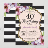 40e anniversaire Invitation Femmes. Noir d'or flor (Devant / Derrière)