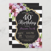40e anniversaire Invitation Femmes. Or floral noir (Devant / Derrière)