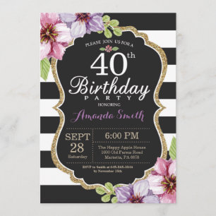 40e anniversaire Invitation Femmes. Or floral noir