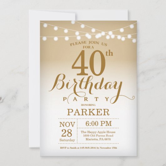40e anniversaire Invitation Gold String Lights (Devant)