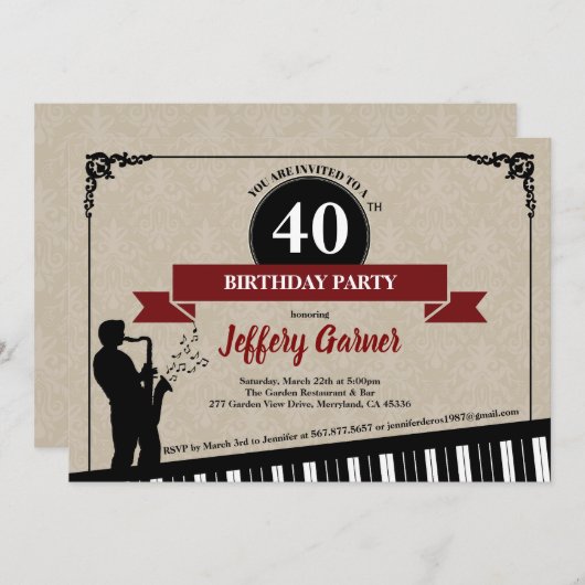 40e anniversaire invitation Jazz music thème (Devant / Derrière)