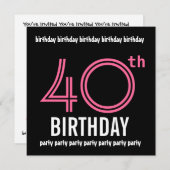 40e anniversaire Invitation Modèle rose noir (Devant / Derrière)