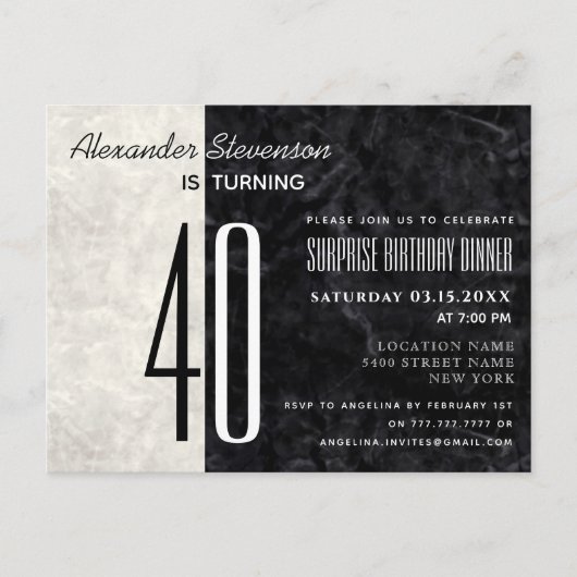 40e anniversaire Invitation noire et Marbre blanc (Devant)