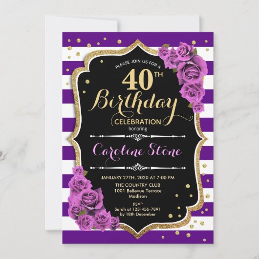 40e Anniversaire Invitation Purple Gold avec Roses (Devant)