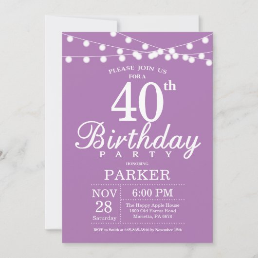 40e anniversaire Invitation Purple Lavender (Devant)