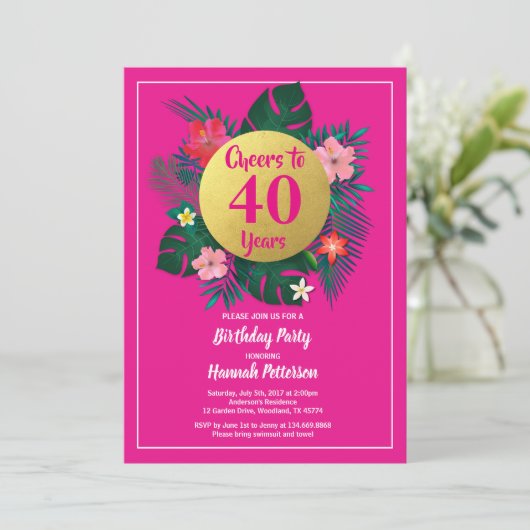 40e anniversaire invitation tropicale rose (Debout devant)