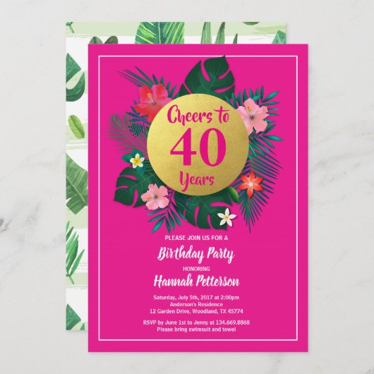 40e anniversaire invitation tropicale rose (Devant / Derrière)